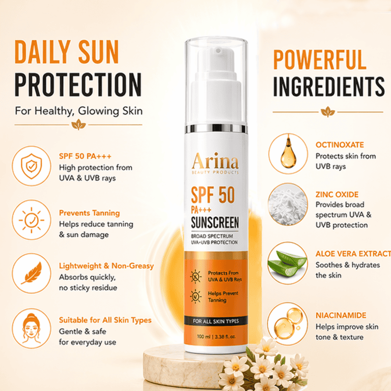 Arina SPF 50 PA+++ Broad Spectrum Sunscreen | UVA & UVB Protection